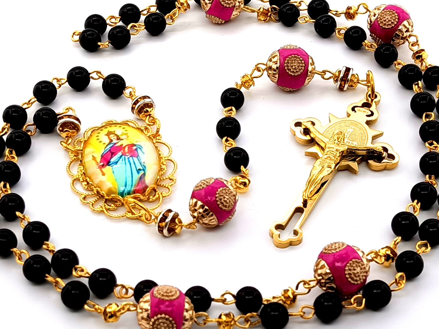 Our Lady Helper of Christians unique rosary beads onyx gemstone rosary beads with gold plated stainless steel Saint Benedict crucifix.