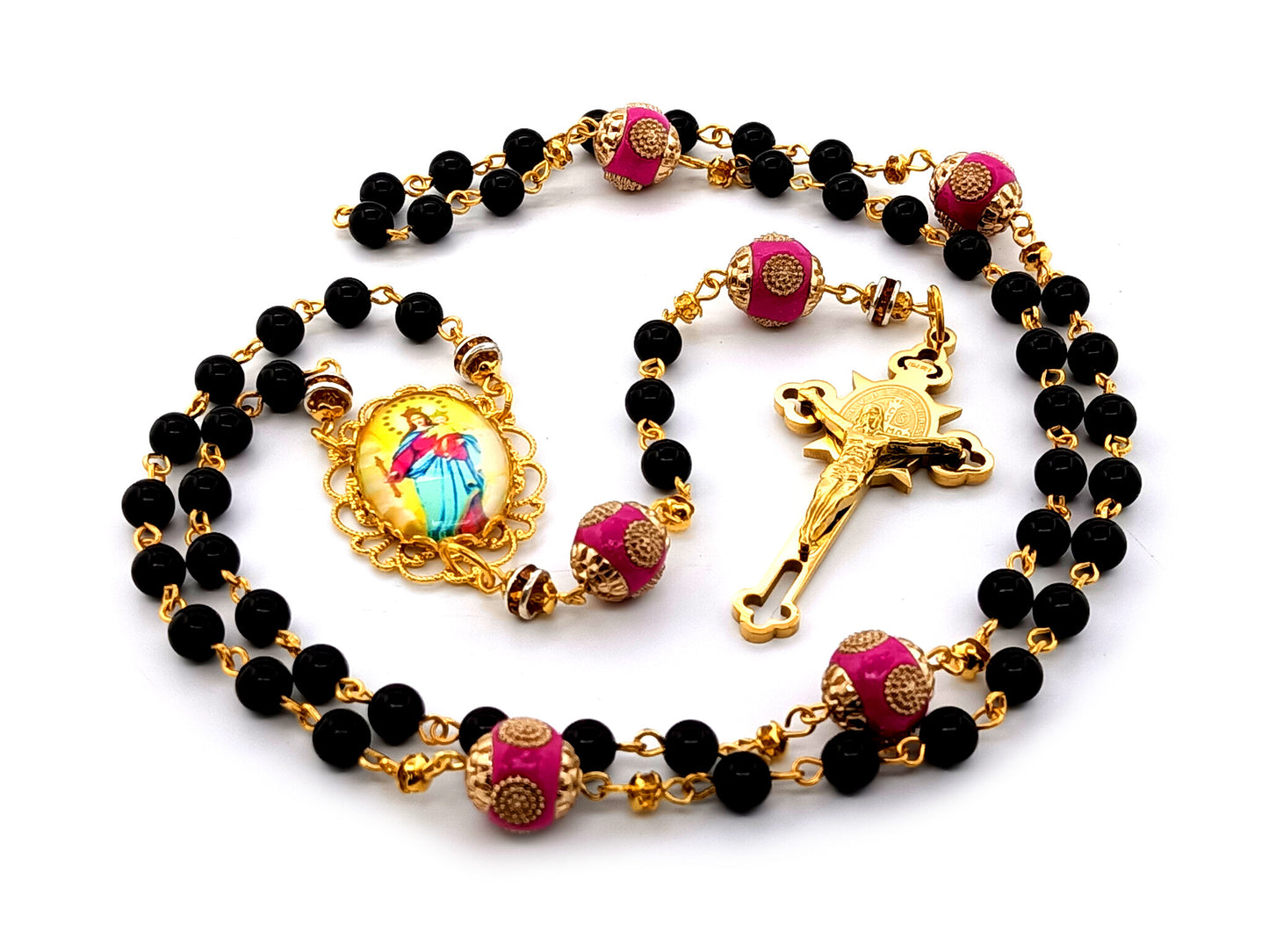 Our Lady Helper of Christians unique rosary beads onyx gemstone rosary beads with gold plated stainless steel Saint Benedict crucifix.