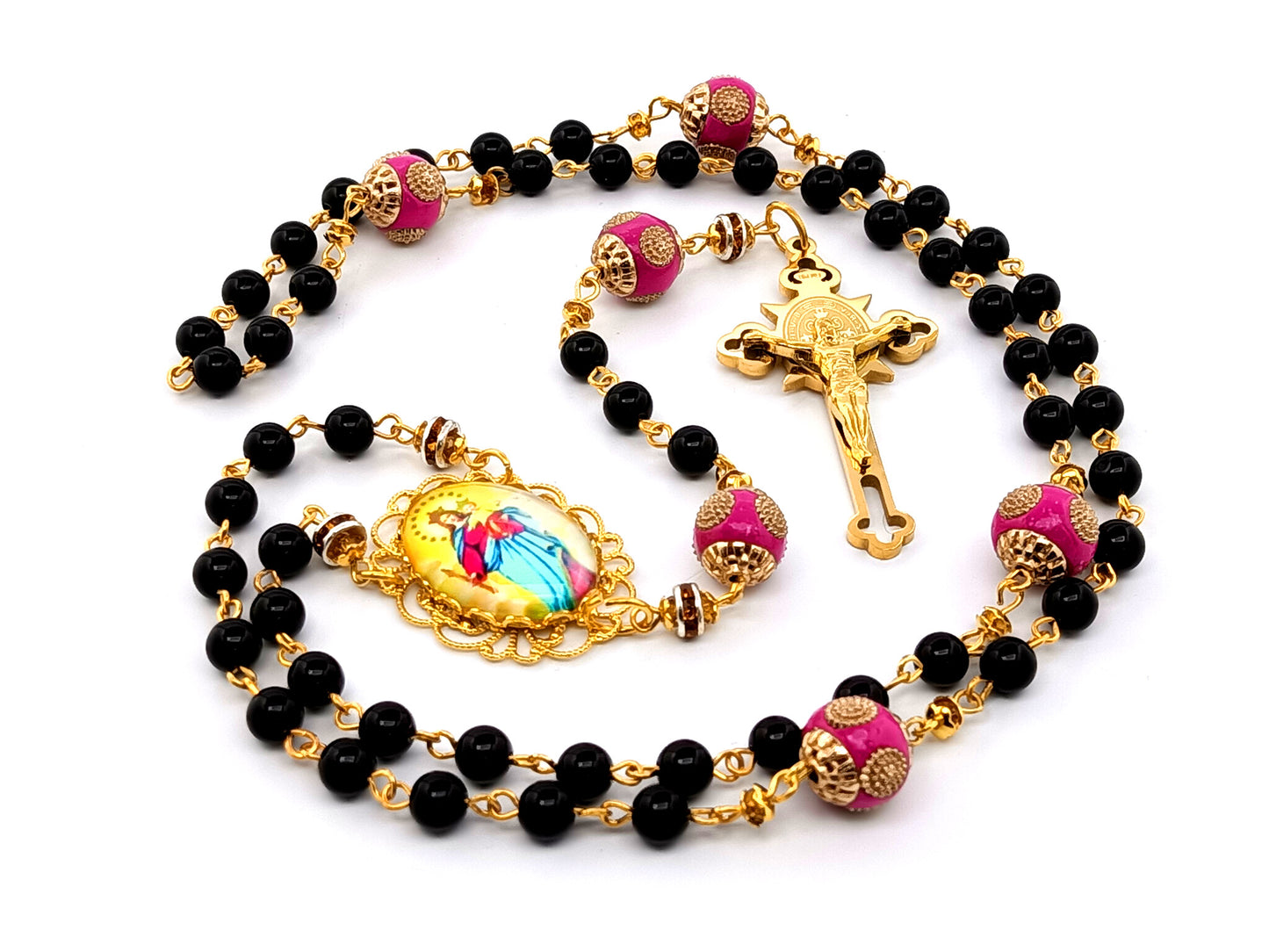 Our Lady Helper of Christians unique rosary beads onyx gemstone rosary beads with gold plated stainless steel Saint Benedict crucifix.