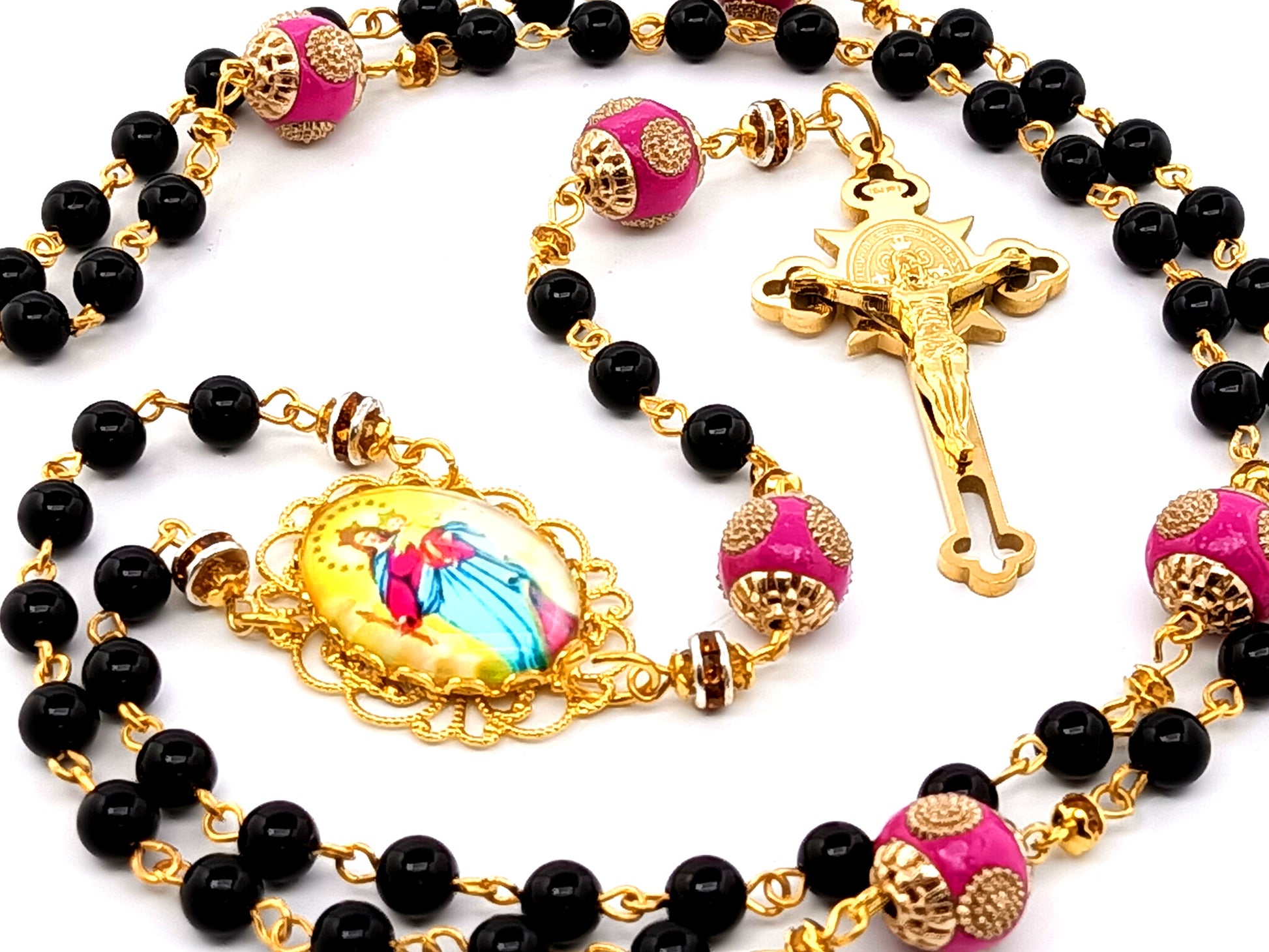 Our Lady Helper of Christians unique rosary beads onyx gemstone rosary beads with gold plated stainless steel Saint Benedict crucifix.