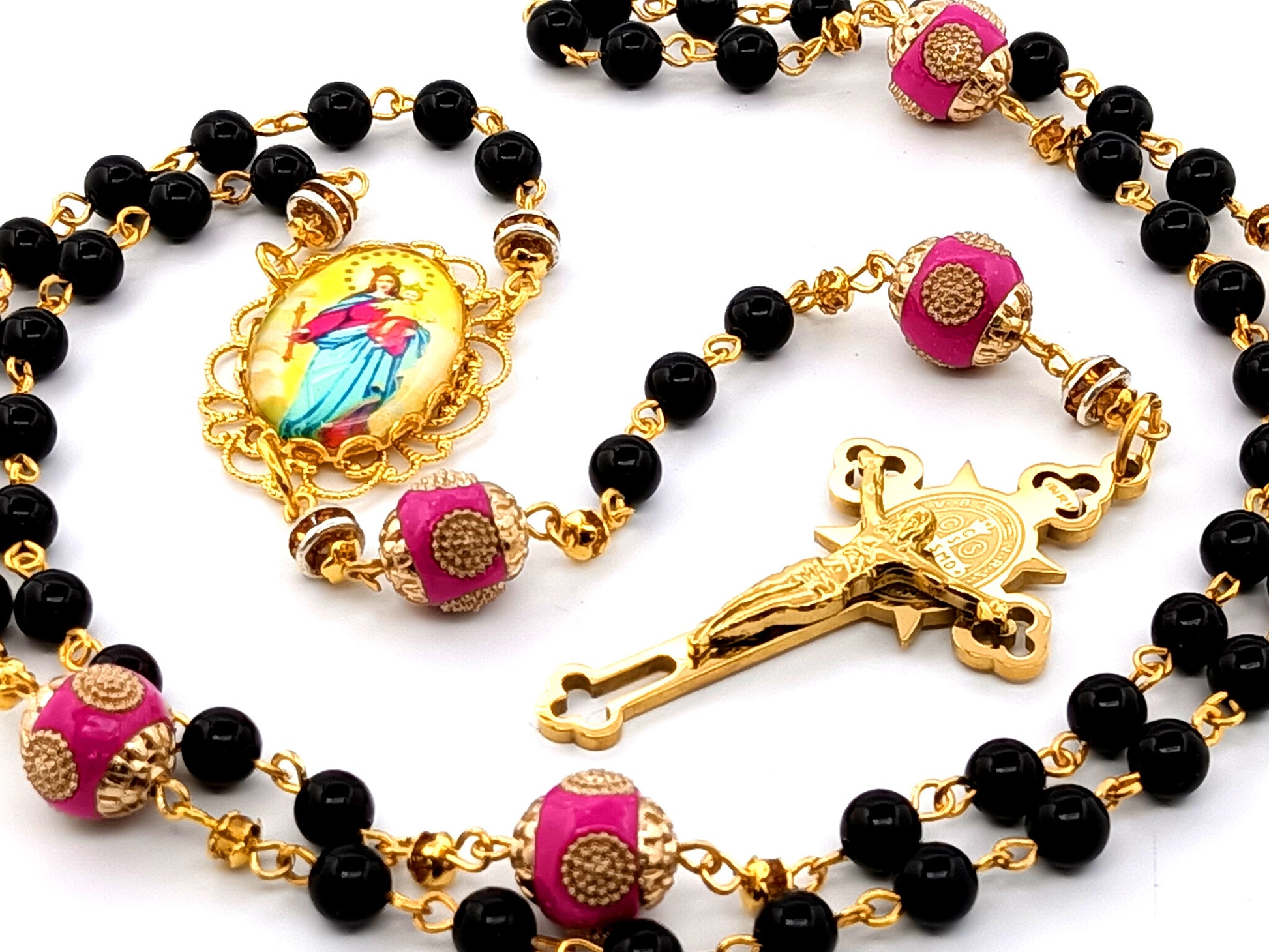 Our Lady Helper of Christians unique rosary beads onyx gemstone rosary beads with gold plated stainless steel Saint Benedict crucifix.