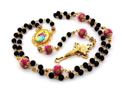 Our Lady Helper of Christians unique rosary beads onyx gemstone rosary beads with gold plated stainless steel Saint Benedict crucifix.