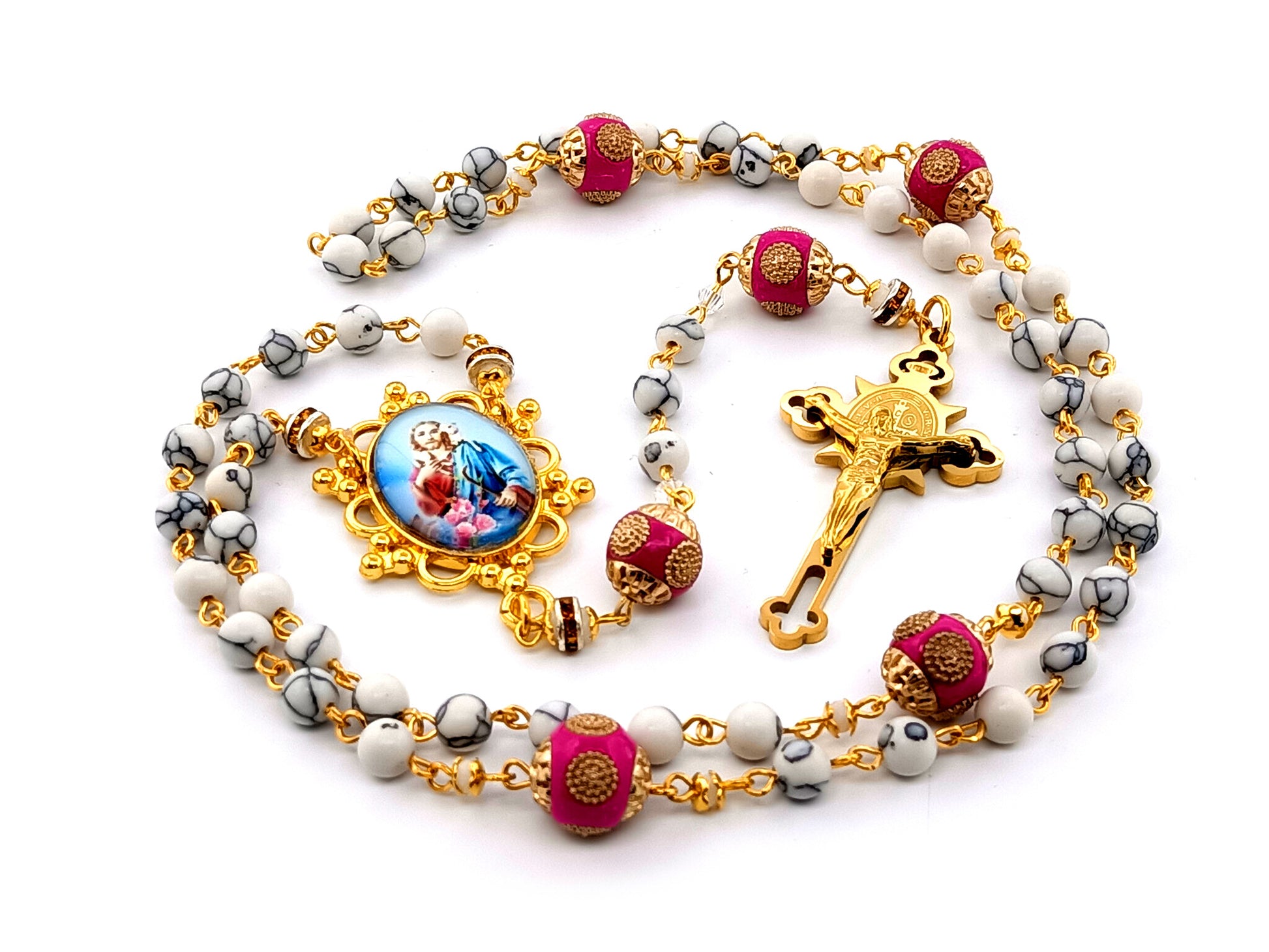 Jesus the Good Shephard unique rosary beads gemstone rosary beads with pink enamel Our Father beads and gold plated stainless steel Saint Benedict crucifix.