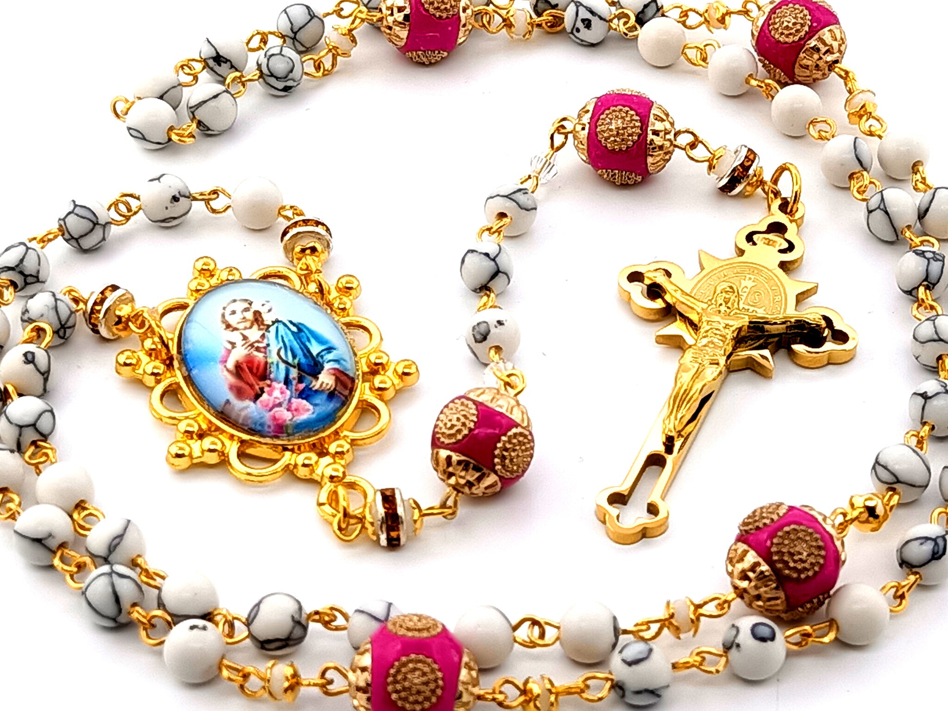 Jesus the Good Shephard unique rosary beads gemstone rosary beads with pink enamel Our Father beads and gold plated stainless steel Saint Benedict crucifix.