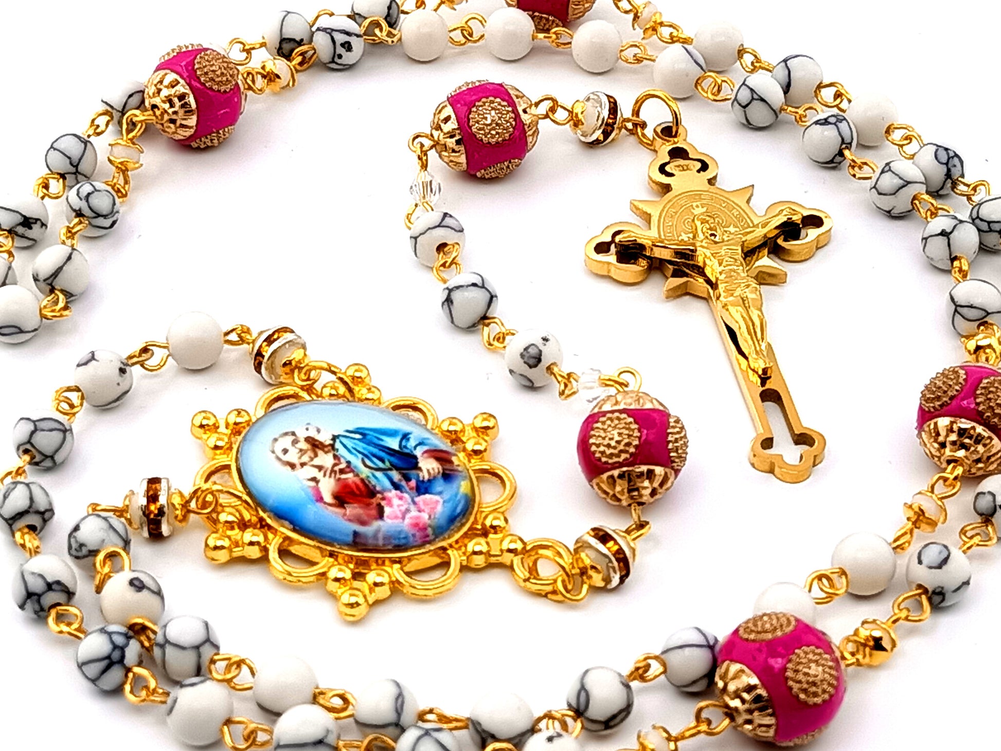 Jesus the Good Shephard unique rosary beads gemstone rosary beads with pink enamel Our Father beads and gold plated stainless steel Saint Benedict crucifix.