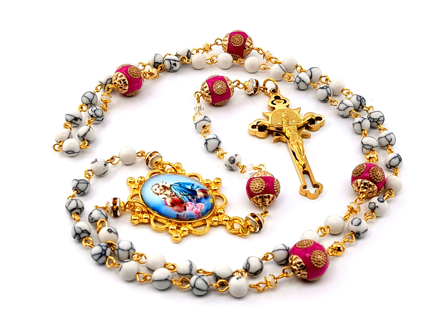 Jesus the Good Shephard unique rosary beads gemstone rosary beads with pink enamel Our Father beads and gold plated stainless steel Saint Benedict crucifix.