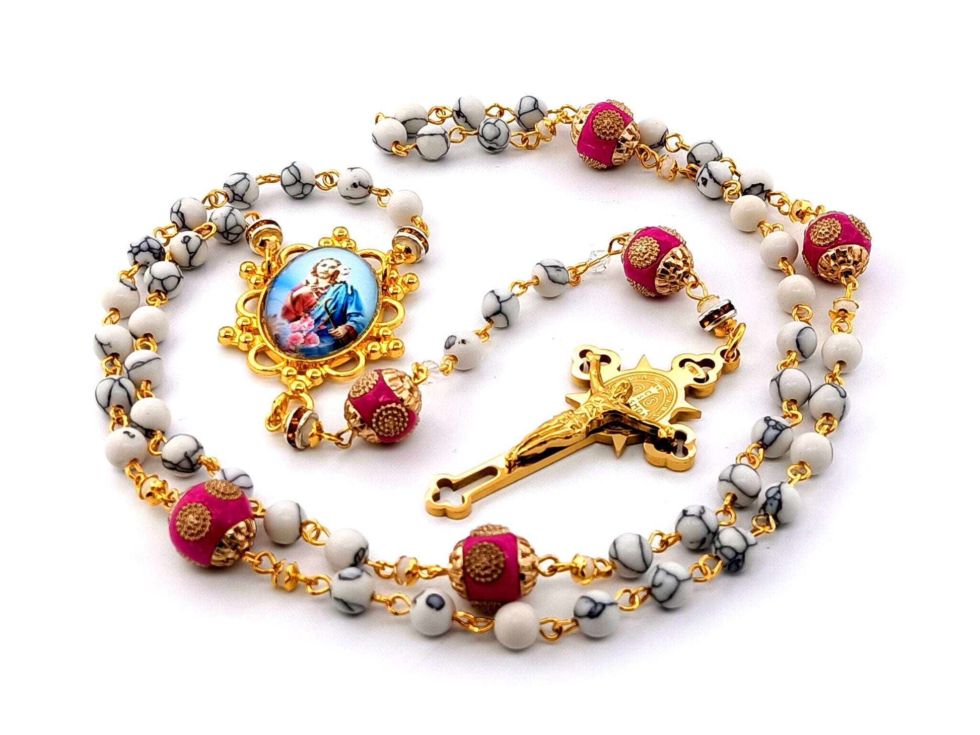 Jesus the Good Shephard unique rosary beads gemstone rosary beads with pink enamel Our Father beads and gold plated stainless steel Saint Benedict crucifix.