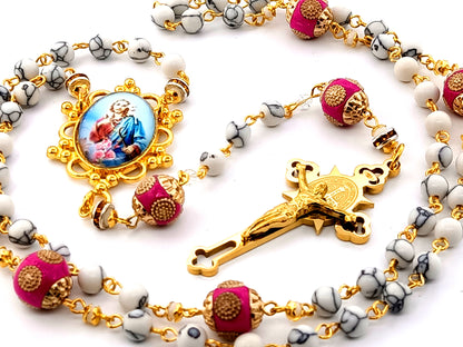 Jesus the Good Shephard unique rosary beads gemstone rosary beads with pink enamel Our Father beads and gold plated stainless steel Saint Benedict crucifix.