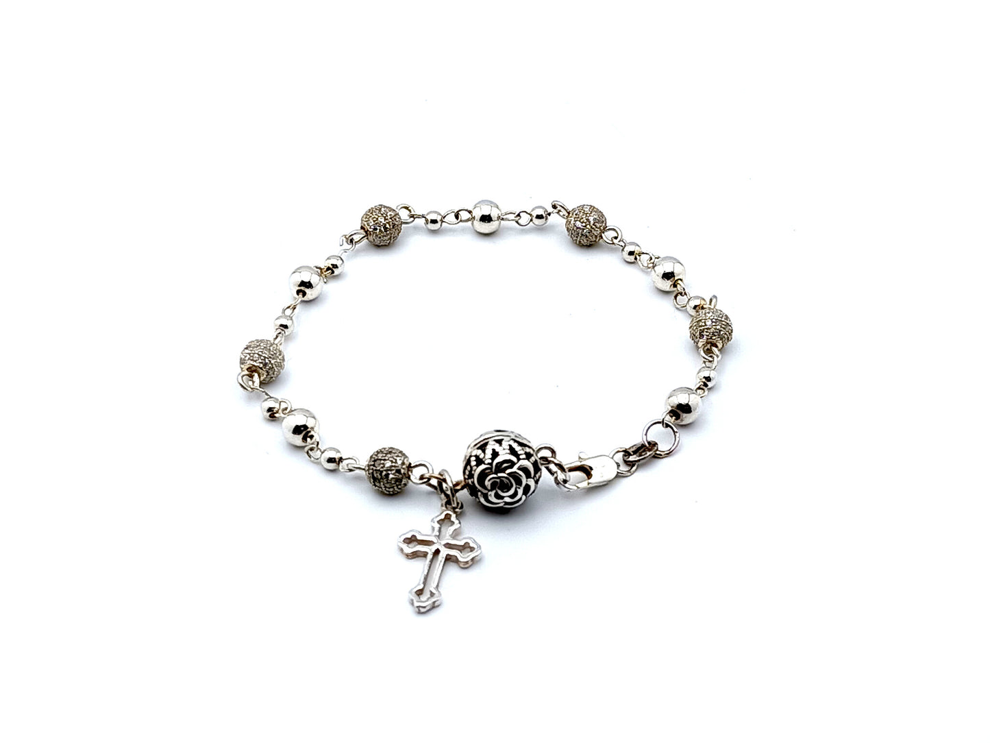 925 sterling silver unique rosary beads single decade wearable rosary bracelet with sterling silver cross and flower Our Father bead.