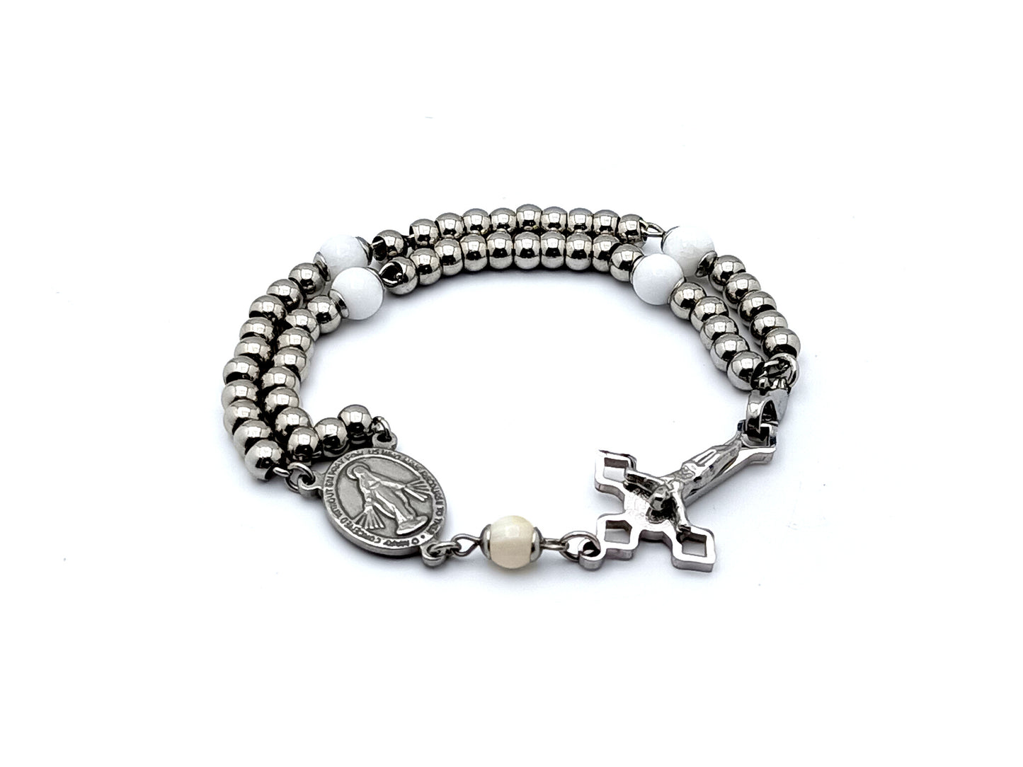 Miraculous medal unique rosary beads stainless steel and gemstone wearable 5 decade rosary bracelet with stainless steel beads and mother of pearl gemstone beads.