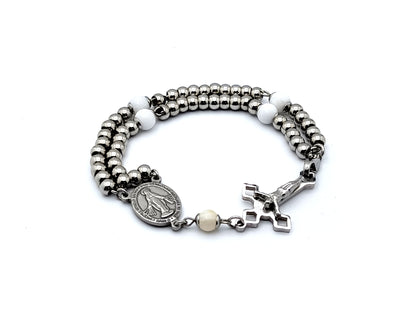 Miraculous medal unique rosary beads stainless steel and gemstone wearable 5 decade rosary bracelet with stainless steel beads and mother of pearl gemstone beads.