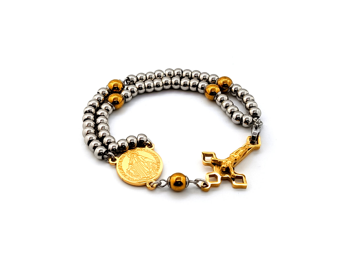 Miraculous medal unique rosary beads gold plated and hematite gemstone stainless steel wearable 5 decade rosary bracelet with Saint Benedict crucifix.