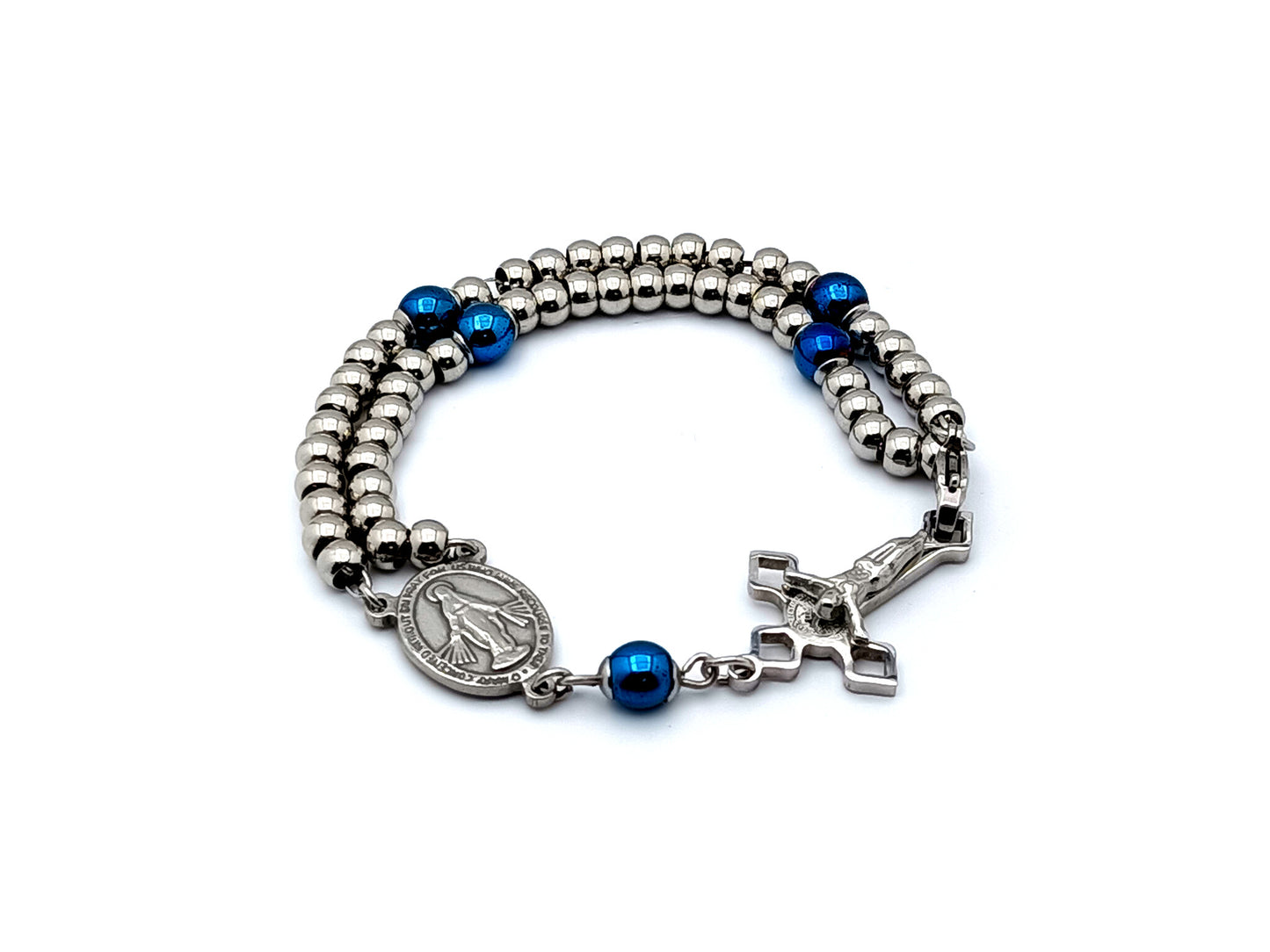 Miraculous medal unique rosary beads stainless steel and hematite gemstone wearable 5 decade rosary bracelet with Saint Benedict crucifix.