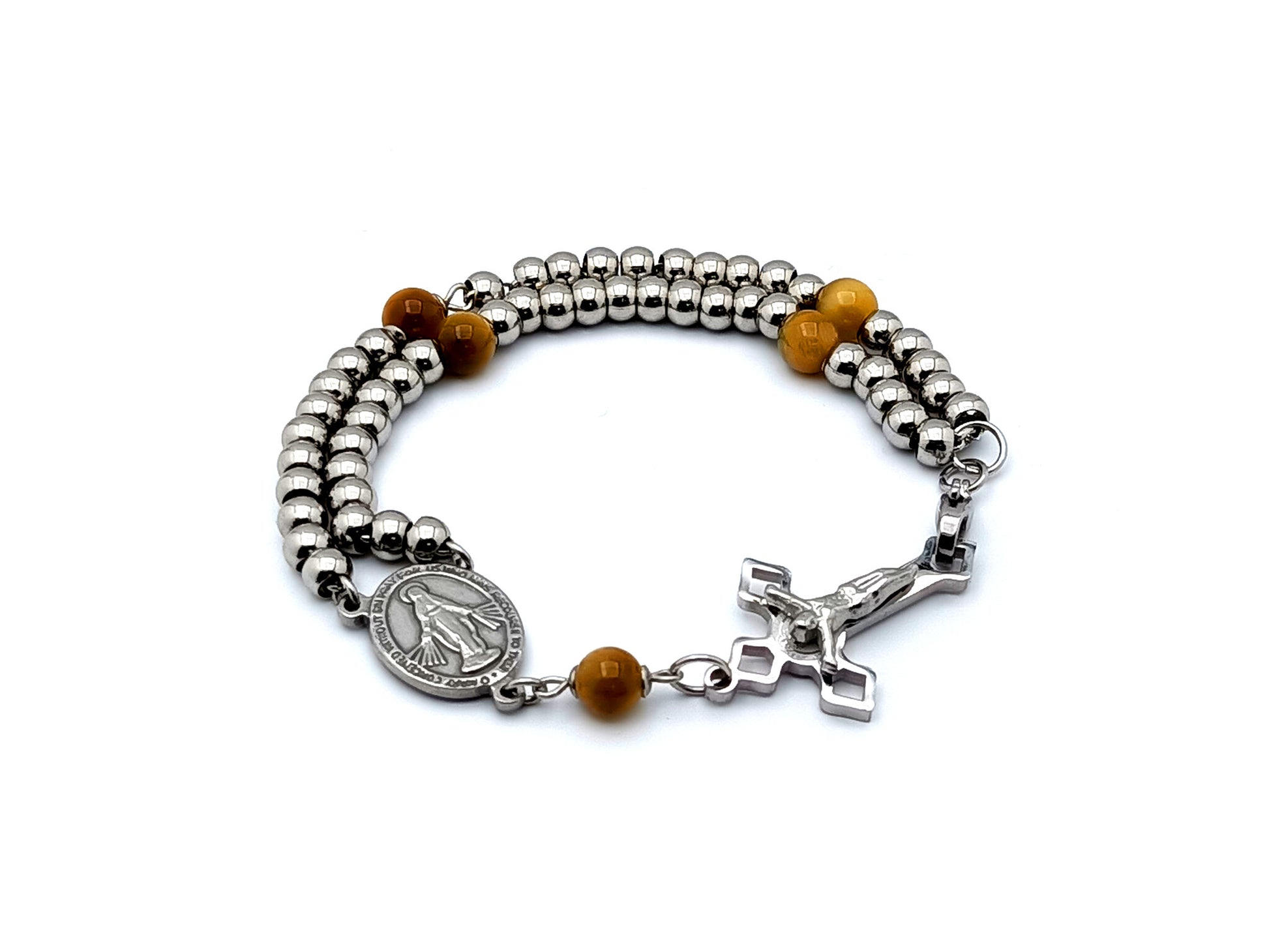 Miraculous medal unique rosary beads stainless steel wearable 5 decade rosary bracelet with tigers eye gemstones and Saint Benedict crucifix.