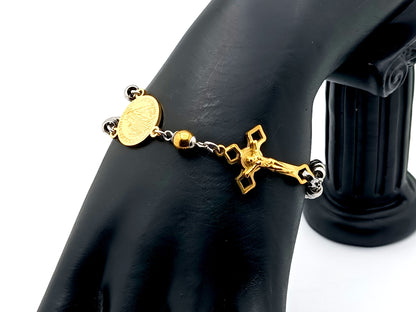 Miraculous medal unique rosary beads gold plated and hematite gemstone stainless steel wearable 5 decade rosary bracelet with Saint Benedict crucifix.