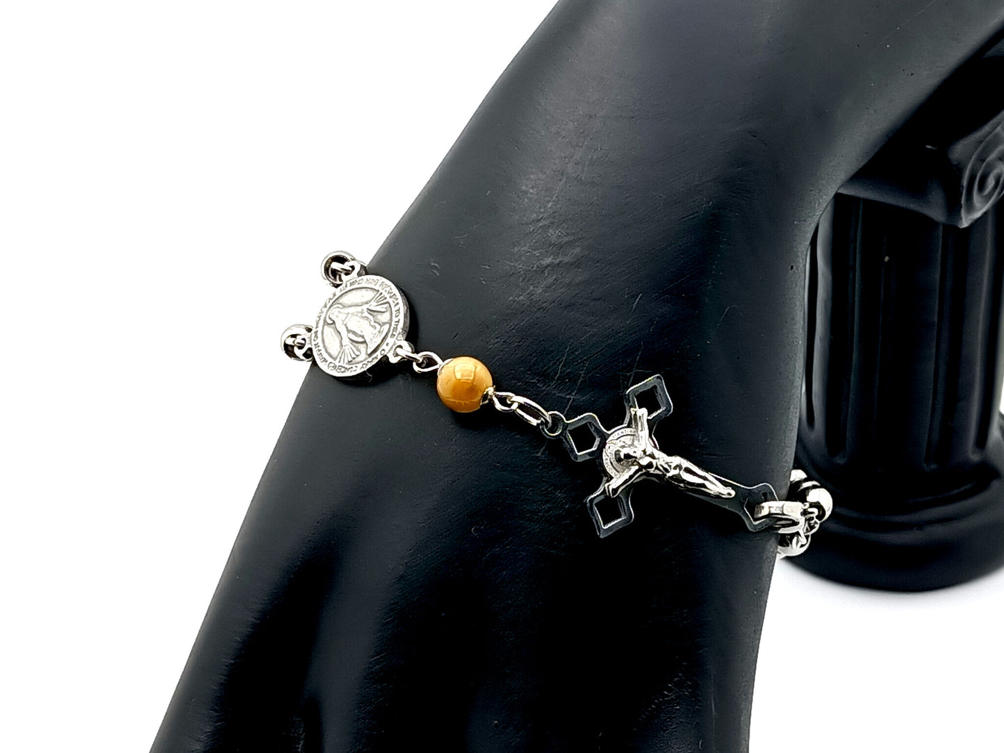 Miraculous medal unique rosary beads stainless steel wearable 5 decade rosary bracelet with tigers eye gemstones and Saint Benedict crucifix.