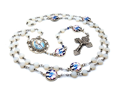 Immaculate Heart of Mary unique rosary beads glass shell rosary beads with Our Lady of Grace picture medals and Pardon crucifix.