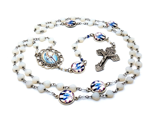 Immaculate Heart of Mary unique rosary beads glass shell rosary beads with Our Lady of Grace picture medals and Pardon crucifix.