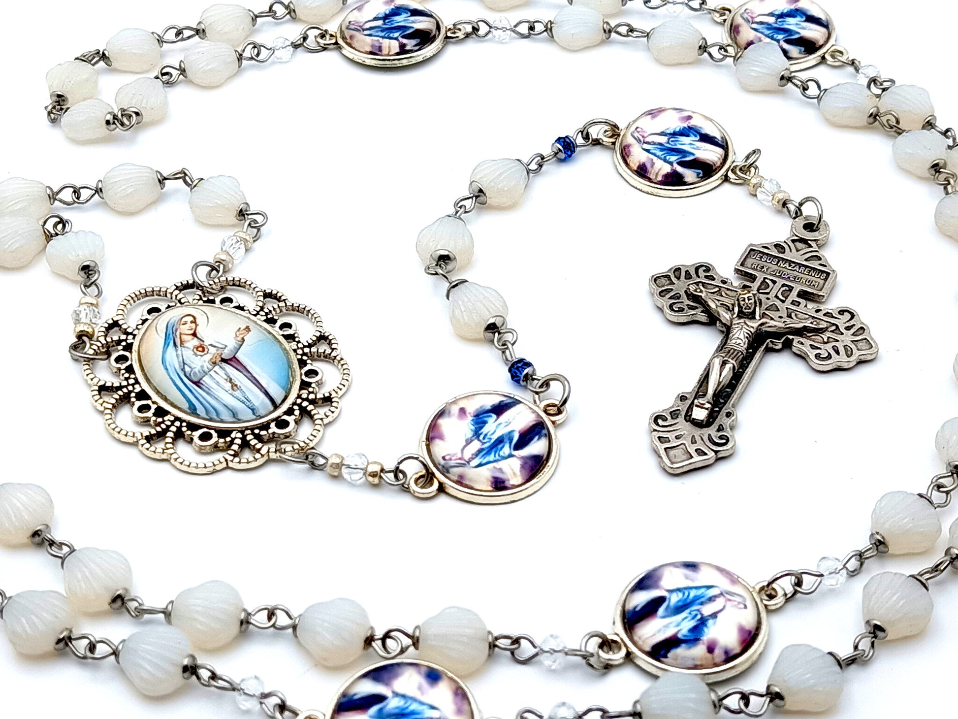 Immaculate Heart of Mary unique rosary beads glass shell rosary beads with Our Lady of Grace picture medals and Pardon crucifix.