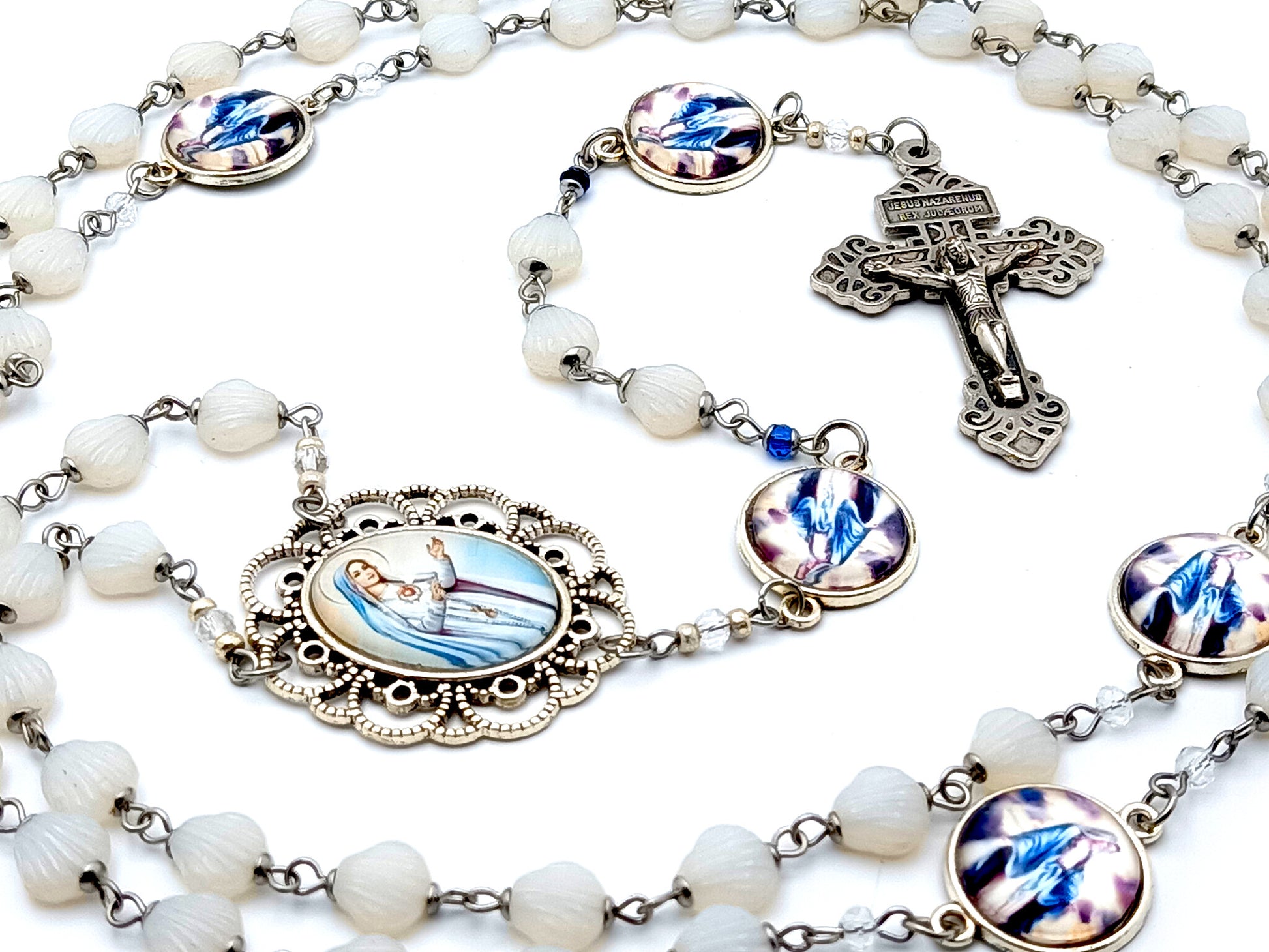 Immaculate Heart of Mary unique rosary beads glass shell rosary beads with Our Lady of Grace picture medals and Pardon crucifix.