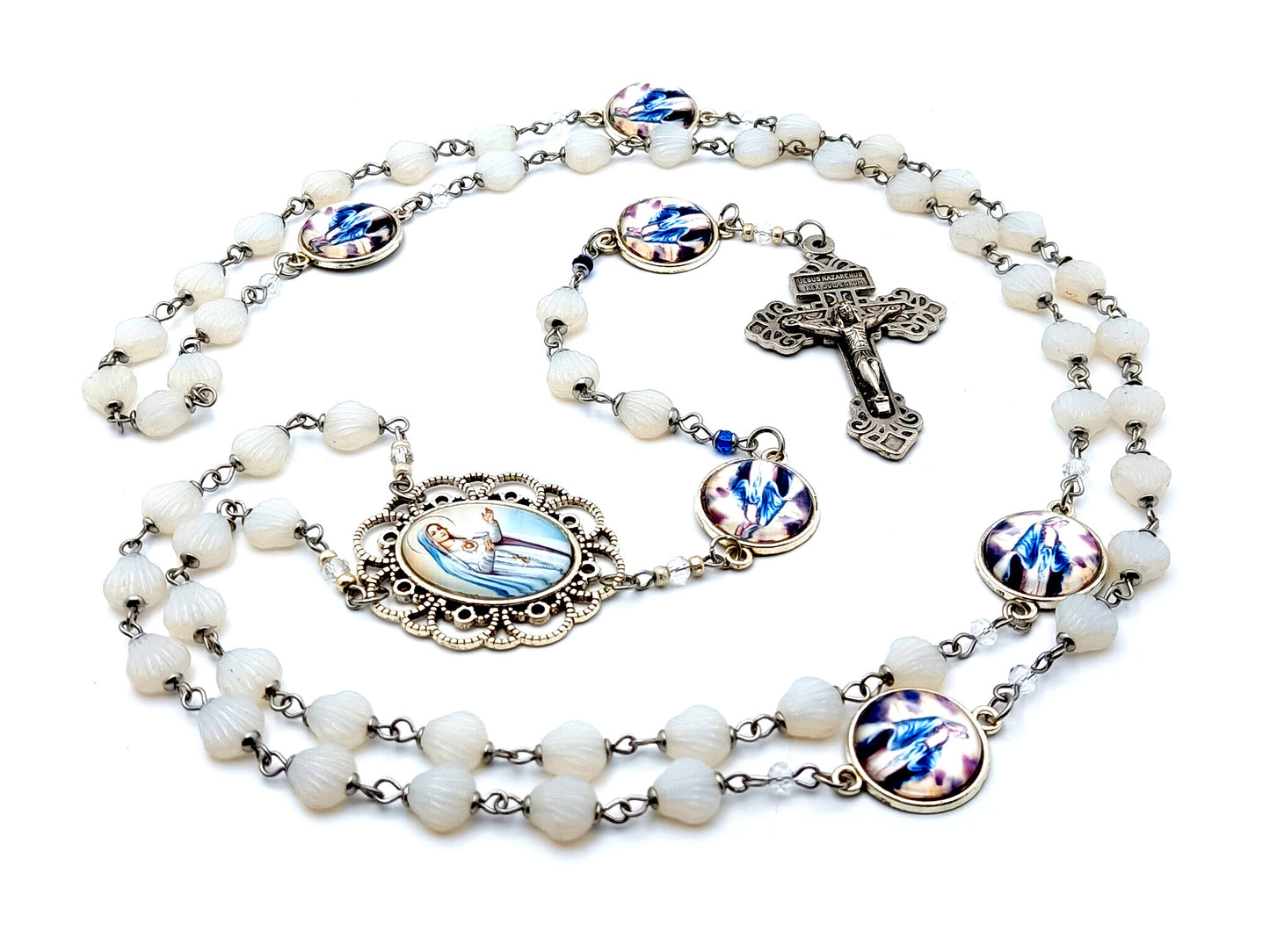 Immaculate Heart of Mary unique rosary beads glass shell rosary beads with Our Lady of Grace picture medals and Pardon crucifix.