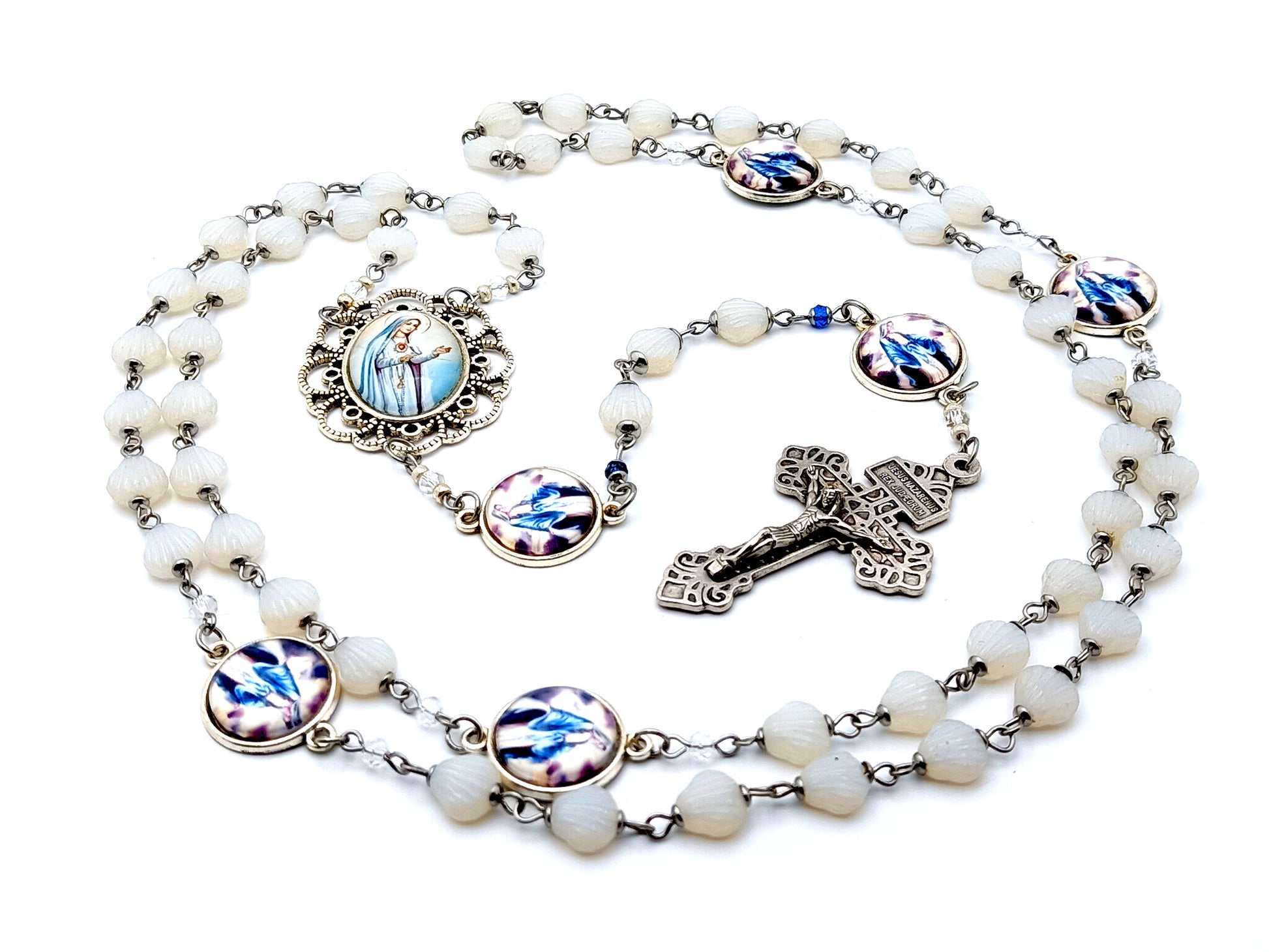 Immaculate Heart of Mary unique rosary beads glass shell rosary beads with Our Lady of Grace picture medals and Pardon crucifix.