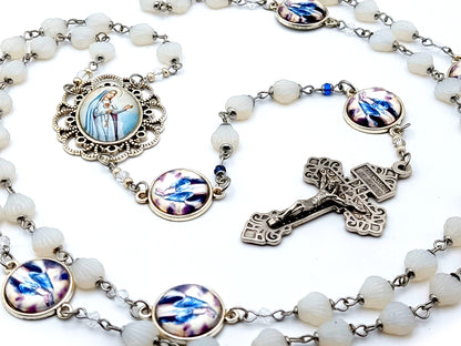 Immaculate Heart of Mary unique rosary beads glass shell rosary beads with Our Lady of Grace picture medals and Pardon crucifix.