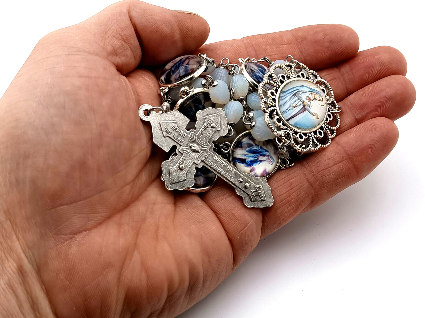 Immaculate Heart of Mary unique rosary beads glass shell rosary beads with Our Lady of Grace picture medals and Pardon crucifix.