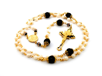 Miraculous medal unique rosary beads mother of pearl and onyx gemstone rosary beads with gold plated Saint Benedict crucifix.