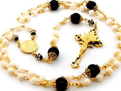 Miraculous medal unique rosary beads mother of pearl and onyx gemstone rosary beads with gold plated Saint Benedict crucifix.