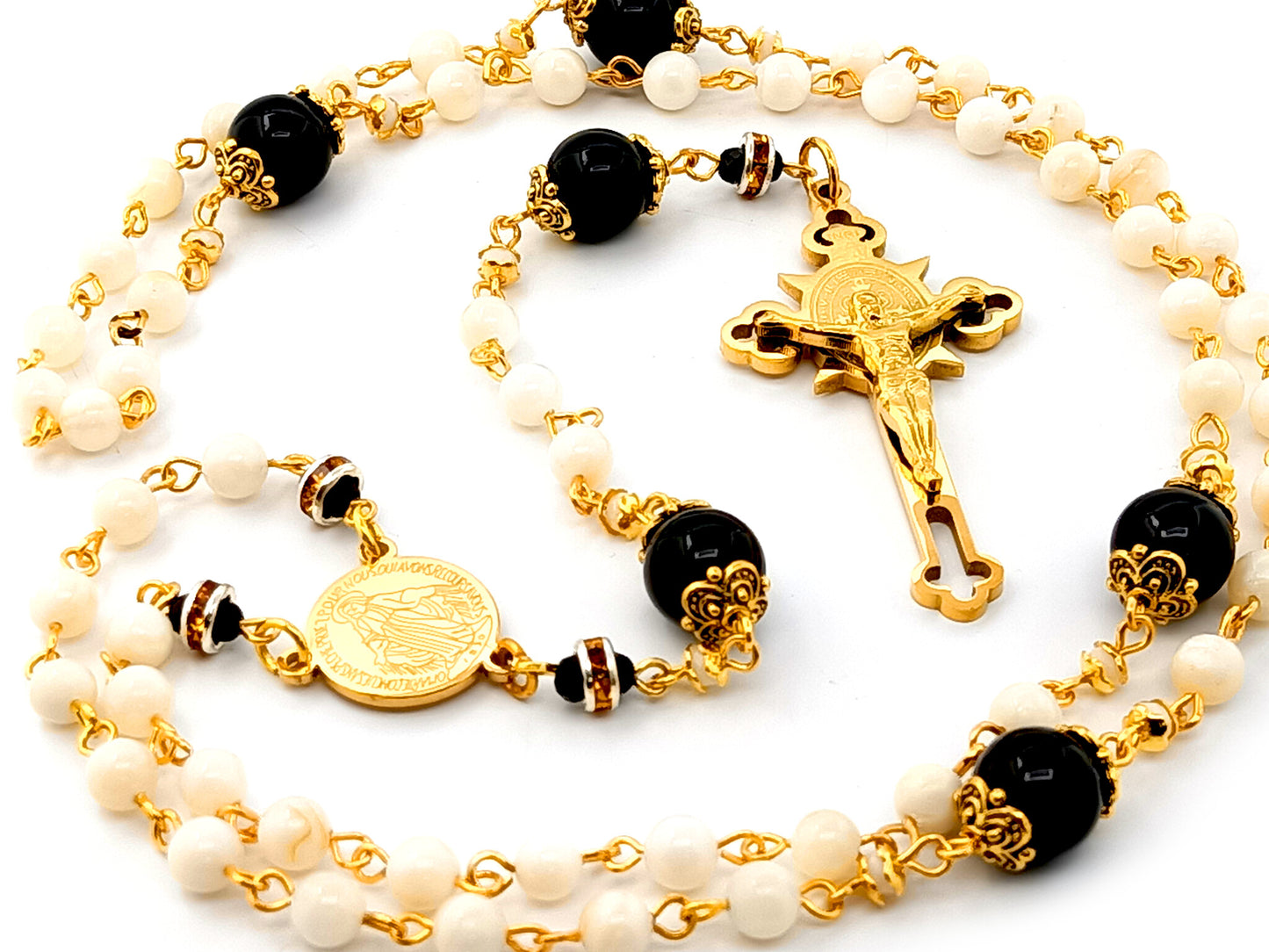 Miraculous medal unique rosary beads mother of pearl and onyx gemstone rosary beads with gold plated Saint Benedict crucifix.