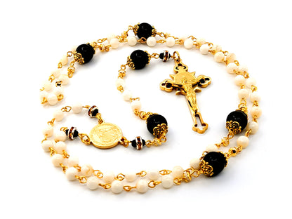 Miraculous medal unique rosary beads mother of pearl and onyx gemstone rosary beads with gold plated Saint Benedict crucifix.