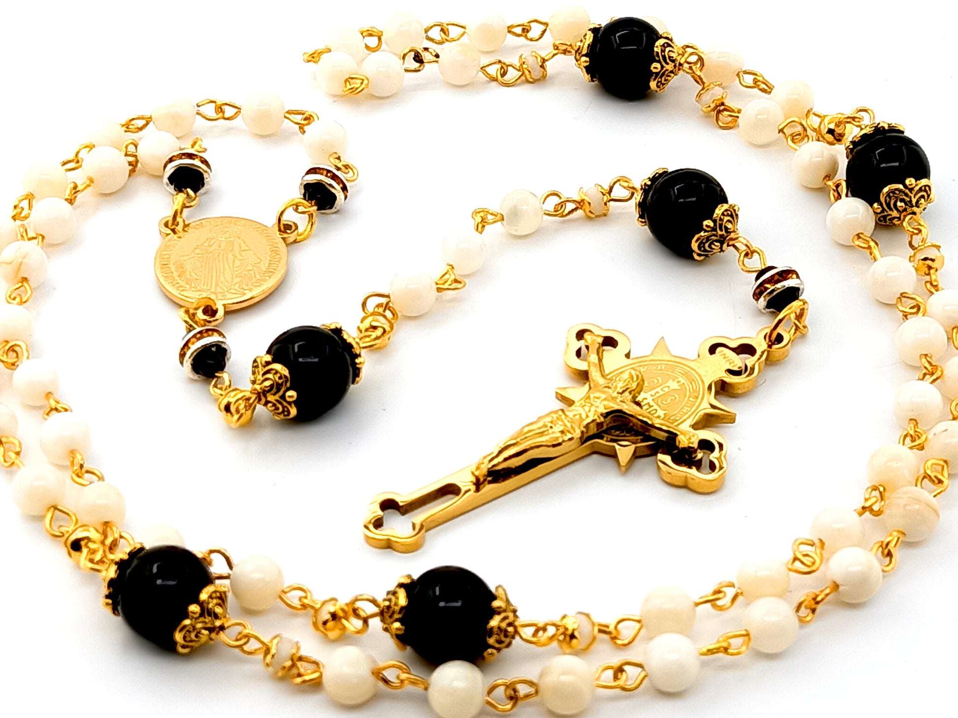 Miraculous medal unique rosary beads mother of pearl and onyx gemstone rosary beads with gold plated Saint Benedict crucifix.