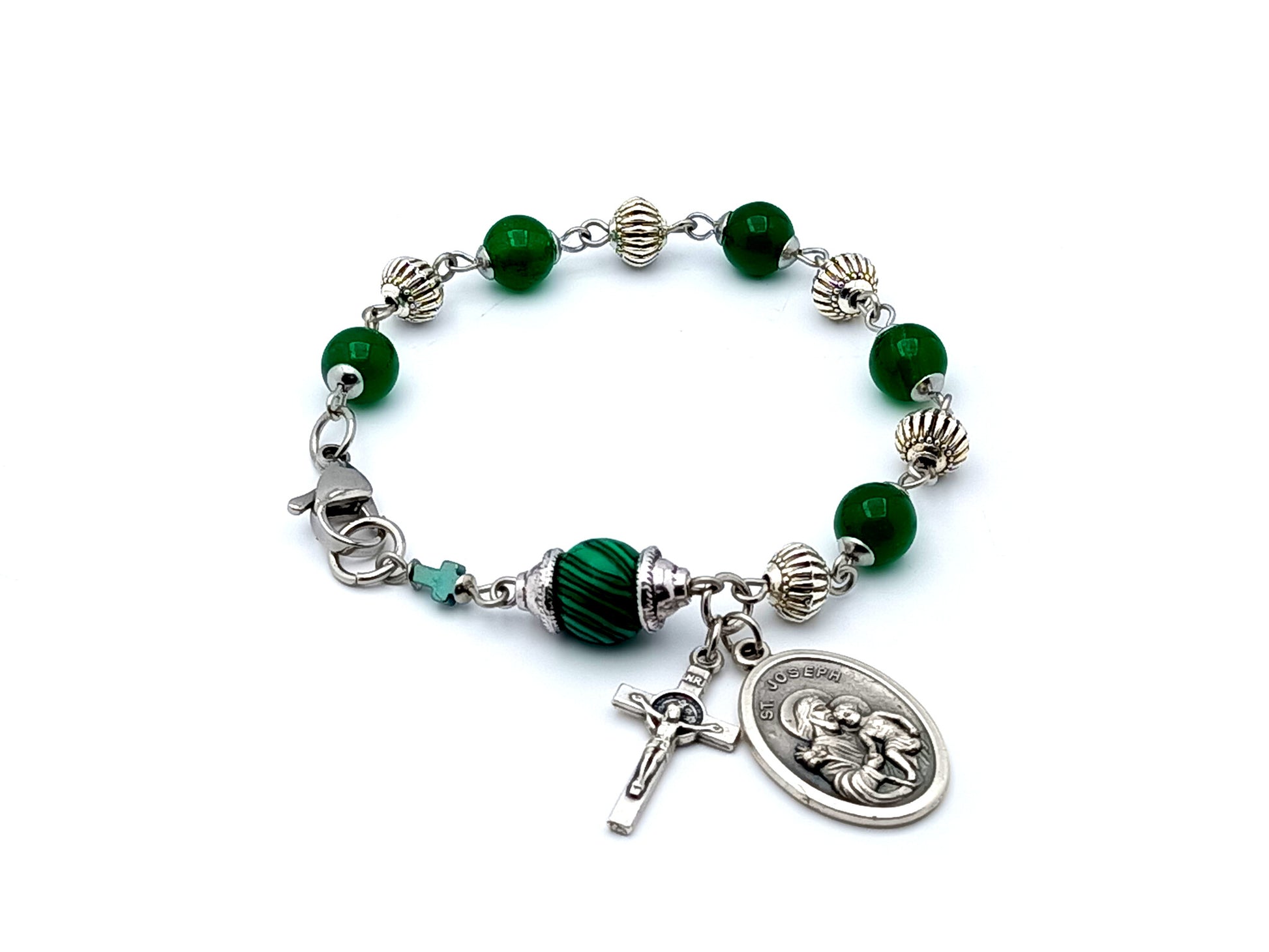 Saint Joseph unique rosary beads mens stainless steel and gemstones single decade rosary bracelet with relic medal.