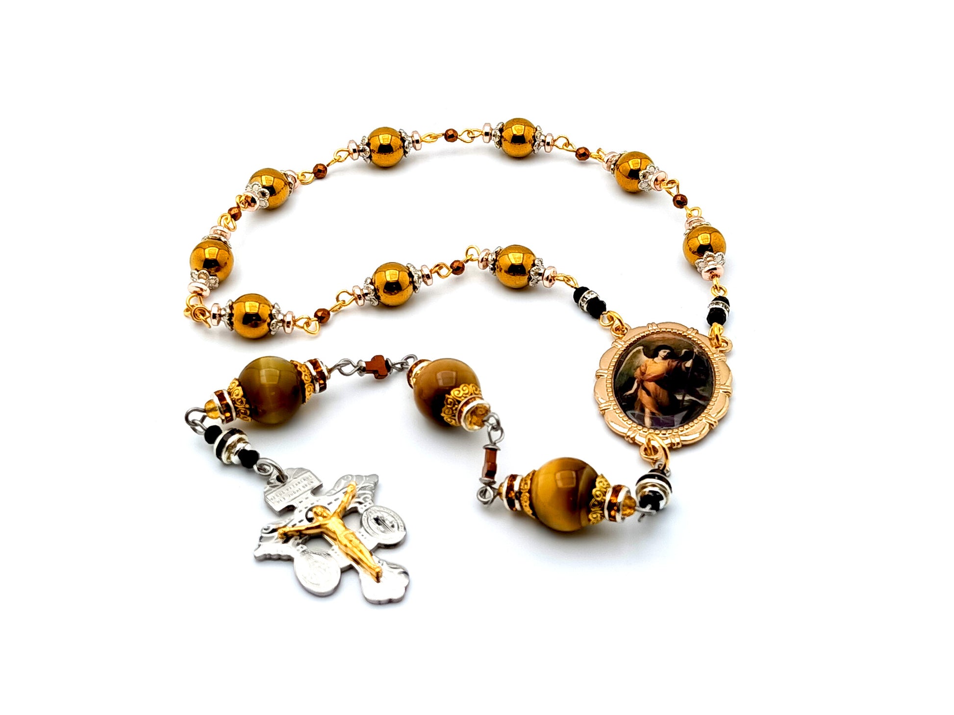 Saint Raphael unique rosary beads gold hematite and tigers eye gemstone chaplet with stainless steel pardon crucifix.