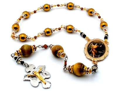 Saint Raphael unique rosary beads gold hematite and tigers eye gemstone chaplet with stainless steel pardon crucifix.