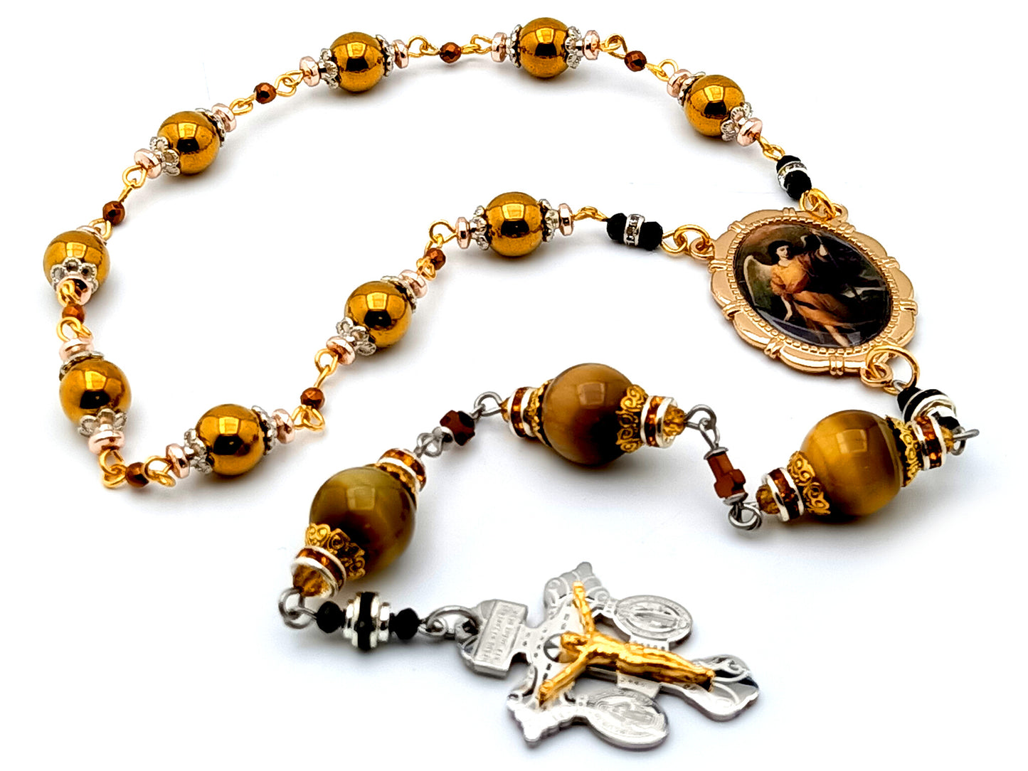 Saint Raphael unique rosary beads gold hematite and tigers eye gemstone chaplet with stainless steel pardon crucifix.