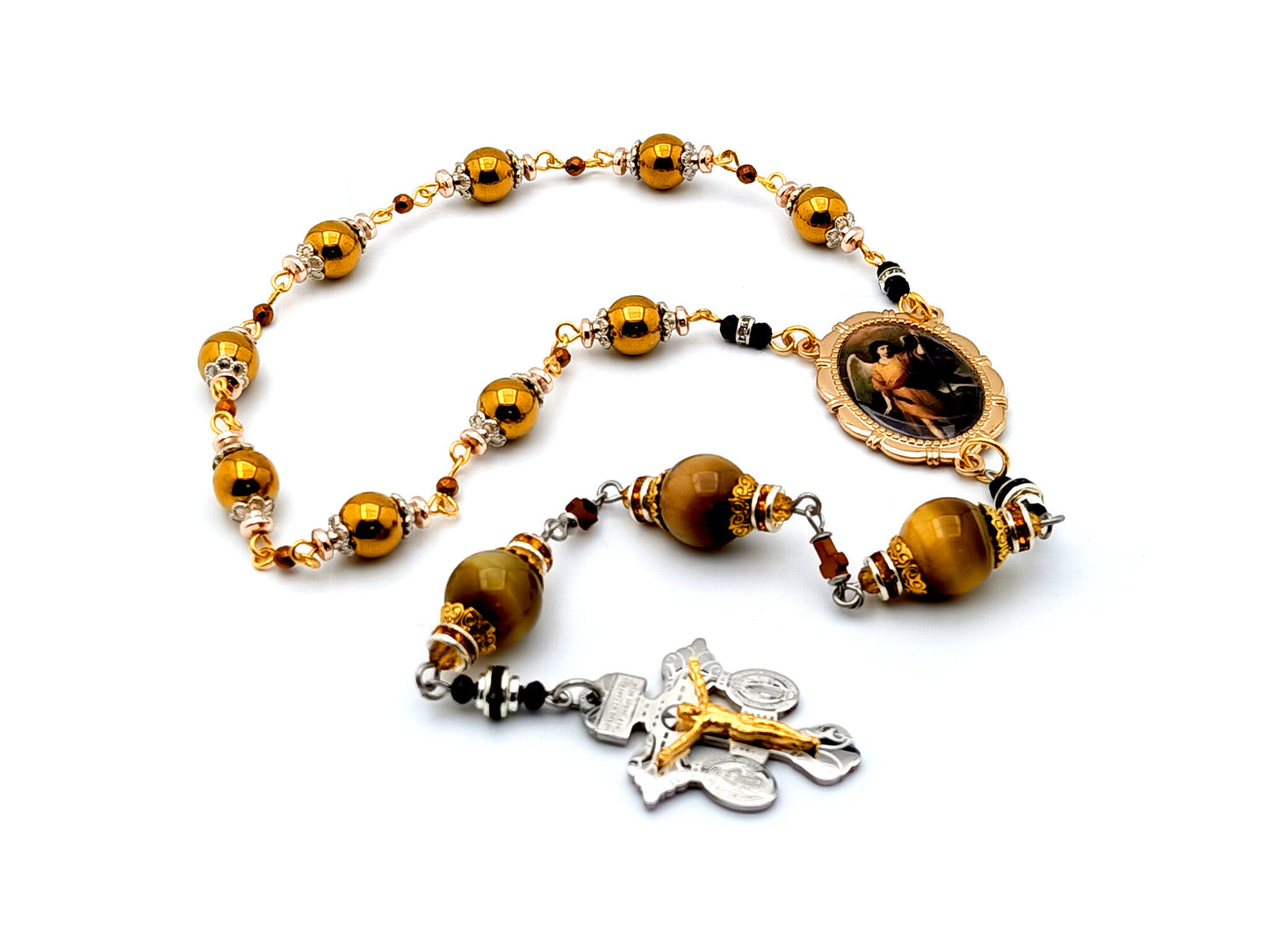 Saint Raphael unique rosary beads gold hematite and tigers eye gemstone chaplet with stainless steel pardon crucifix.