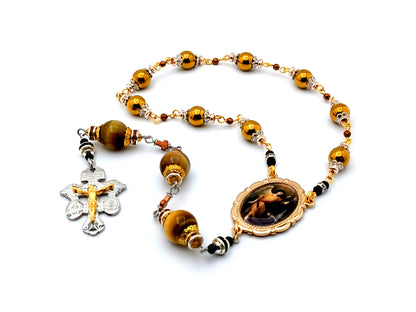 Saint Raphael unique rosary beads gold hematite and tigers eye gemstone chaplet with stainless steel pardon crucifix.