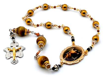 Saint Raphael unique rosary beads gold hematite and tigers eye gemstone chaplet with stainless steel pardon crucifix.