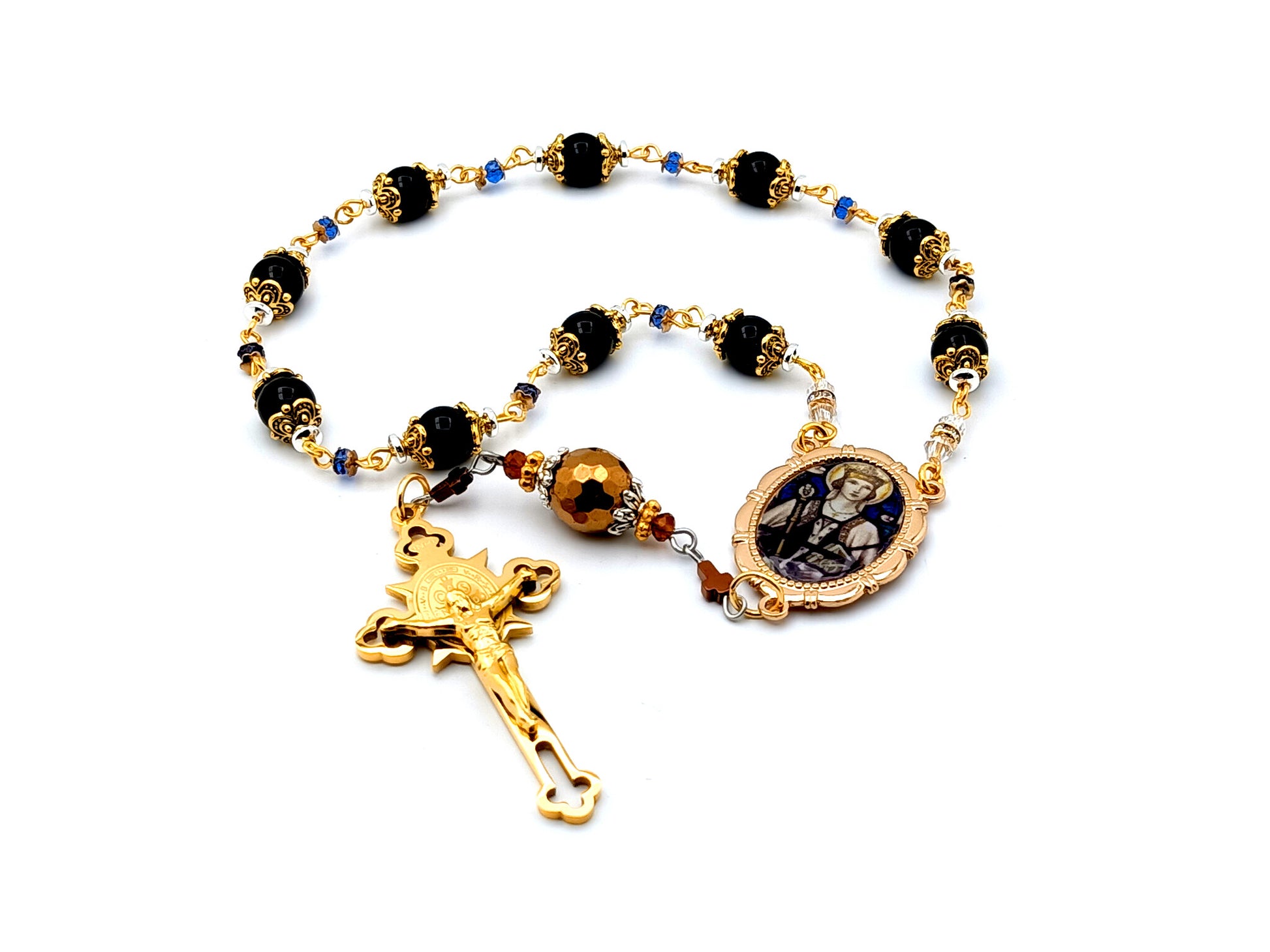 Saint Margaret of Scotland unique rosary beads onyx gemstone single decade rosary with gold plated Saint Benedict crucifix.