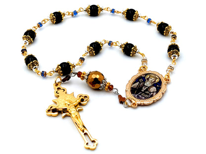 Saint Margaret of Scotland unique rosary beads onyx gemstone single decade rosary with gold plated Saint Benedict crucifix.