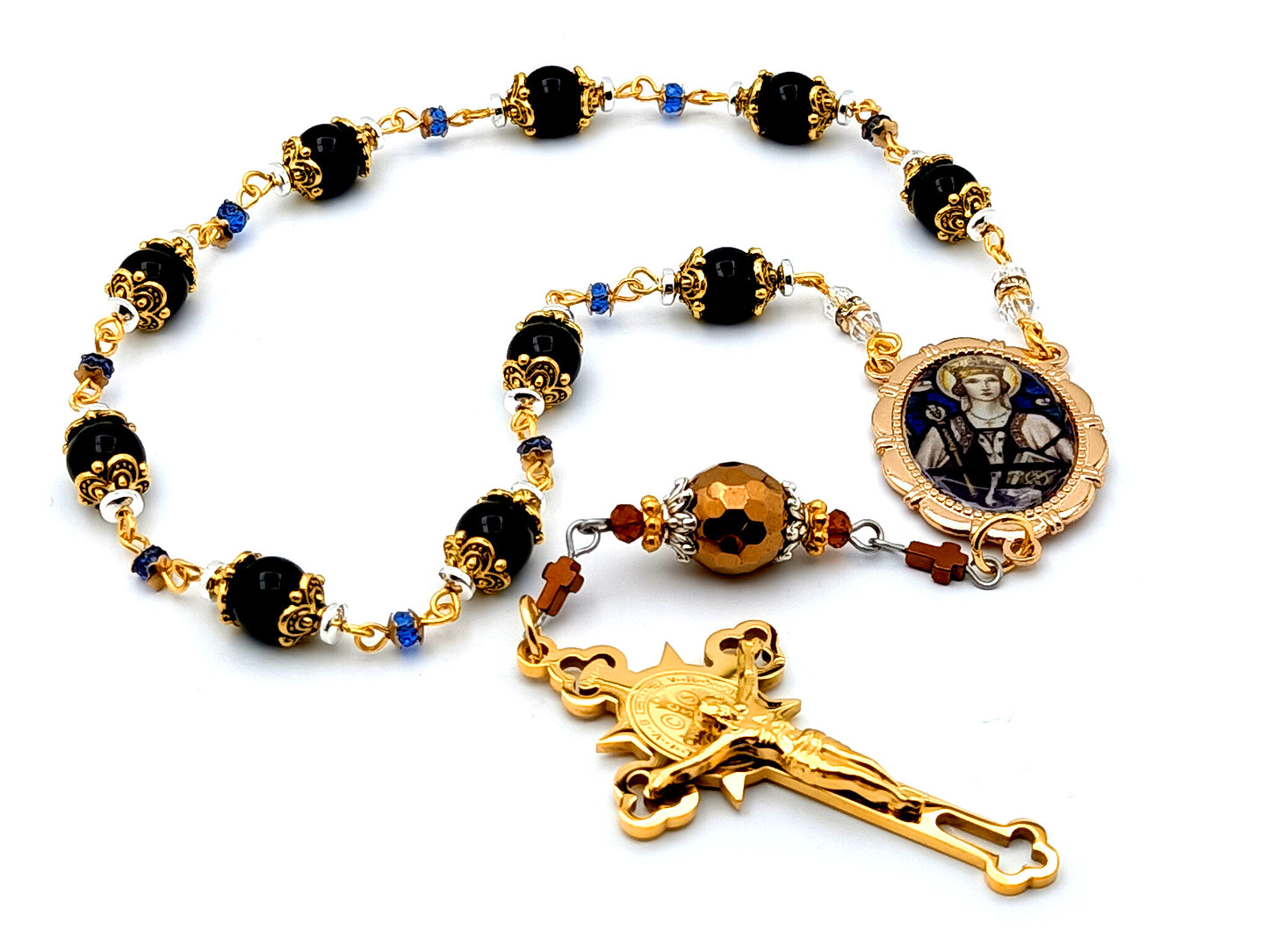 Saint Margaret of Scotland unique rosary beads onyx gemstone single decade rosary with gold plated Saint Benedict crucifix.