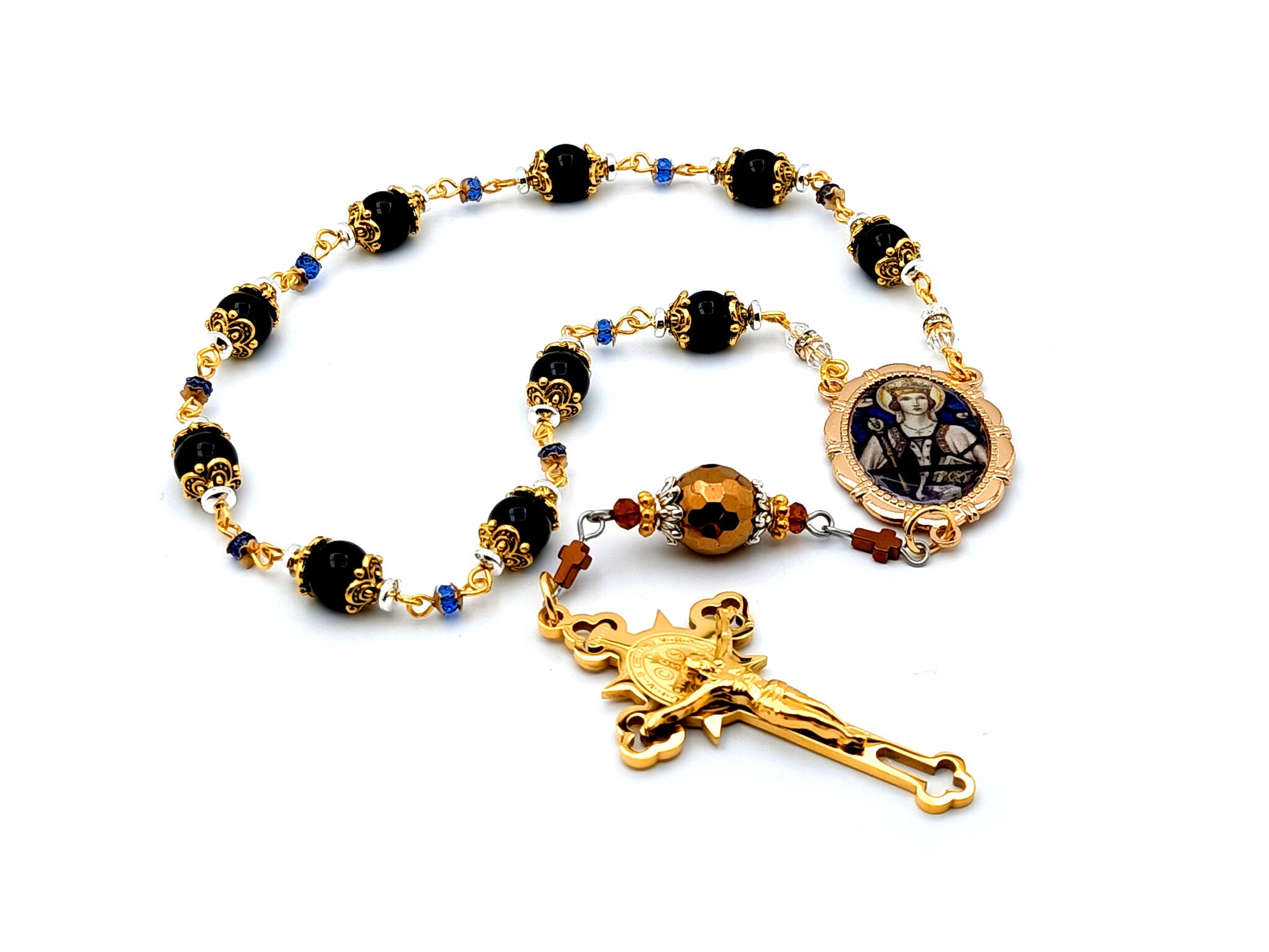 Saint Margaret of Scotland unique rosary beads onyx gemstone single decade rosary with gold plated Saint Benedict crucifix.