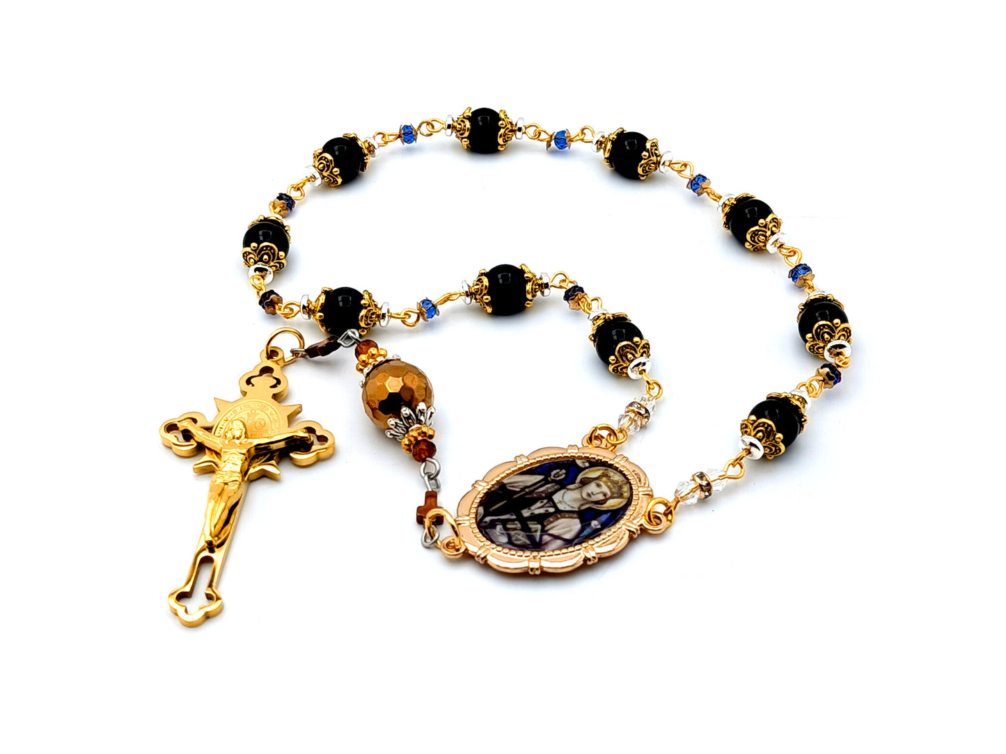 Saint Margaret of Scotland unique rosary beads onyx gemstone single decade rosary with gold plated Saint Benedict crucifix.