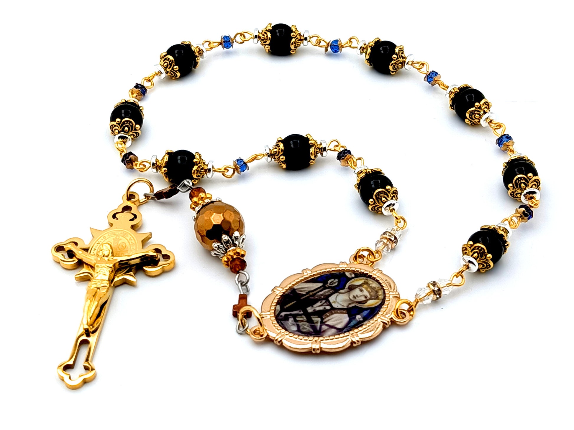 Saint Margaret of Scotland unique rosary beads onyx gemstone single decade rosary with gold plated Saint Benedict crucifix.