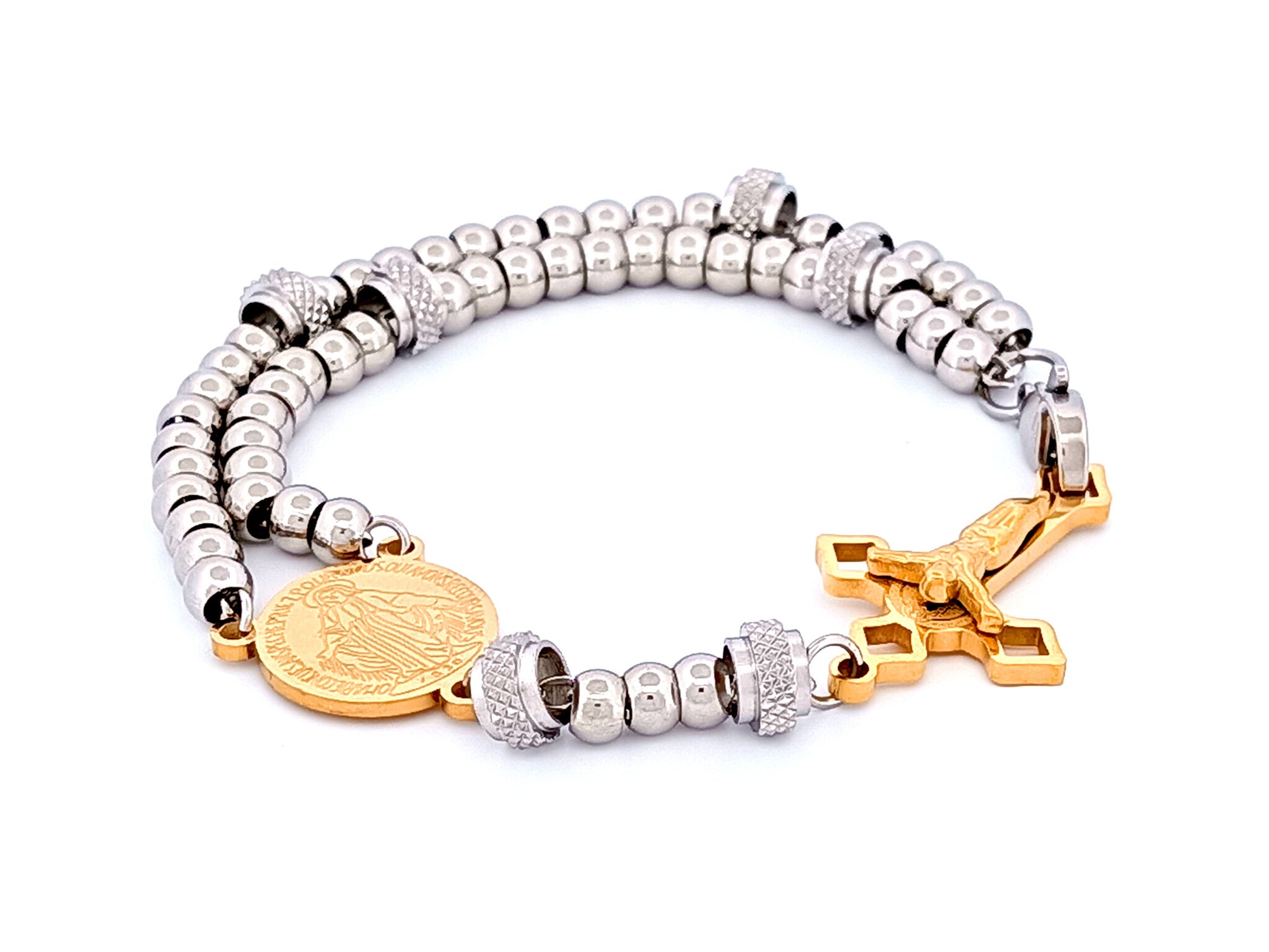 Miraculous medal unique rosary beads gold plated stainless steel wearable 5 decade rosary bracelet with Saint Benedict crucifix.