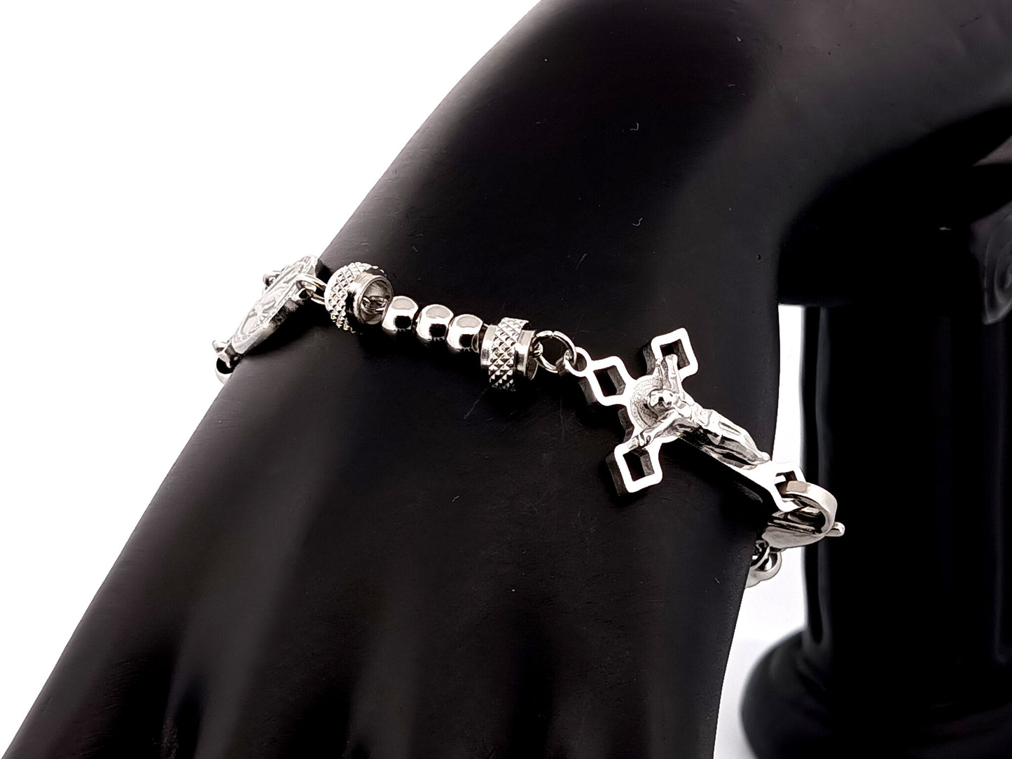 Miraculous medal unique rosary beads stainless steel wearable 5 decade rosary bracelet with Saint Benedict crucifix.