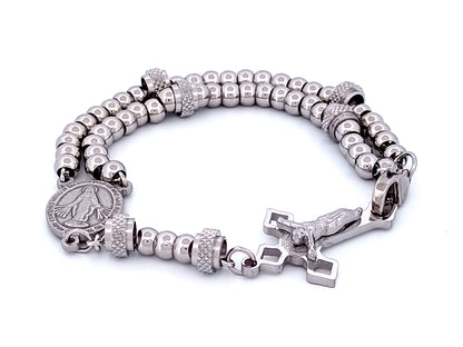 Miraculous medal unique rosary beads stainless steel wearable 5 decade rosary bracelet with Saint Benedict crucifix.