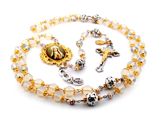 Immaculate Heart of Mary unique rosary beads opal gemstone rosary beads with stainless steel and gold Saint Benedict crucifix.